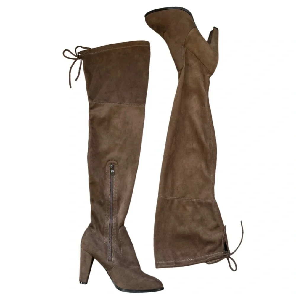 Sexy Thigh High Boots Chunky Heel Over Knee Suede Tie Brown Almond Toe Size 8.5